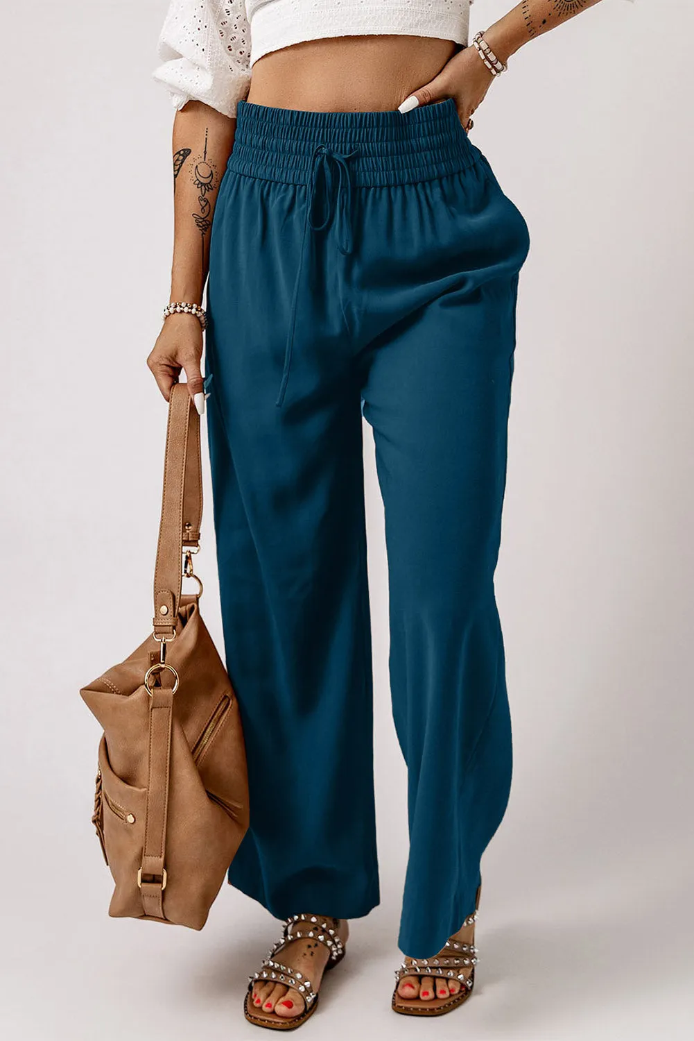Sassy Smocked Wide Leg Pants- 3 Colors (Black, Tan, Teal)