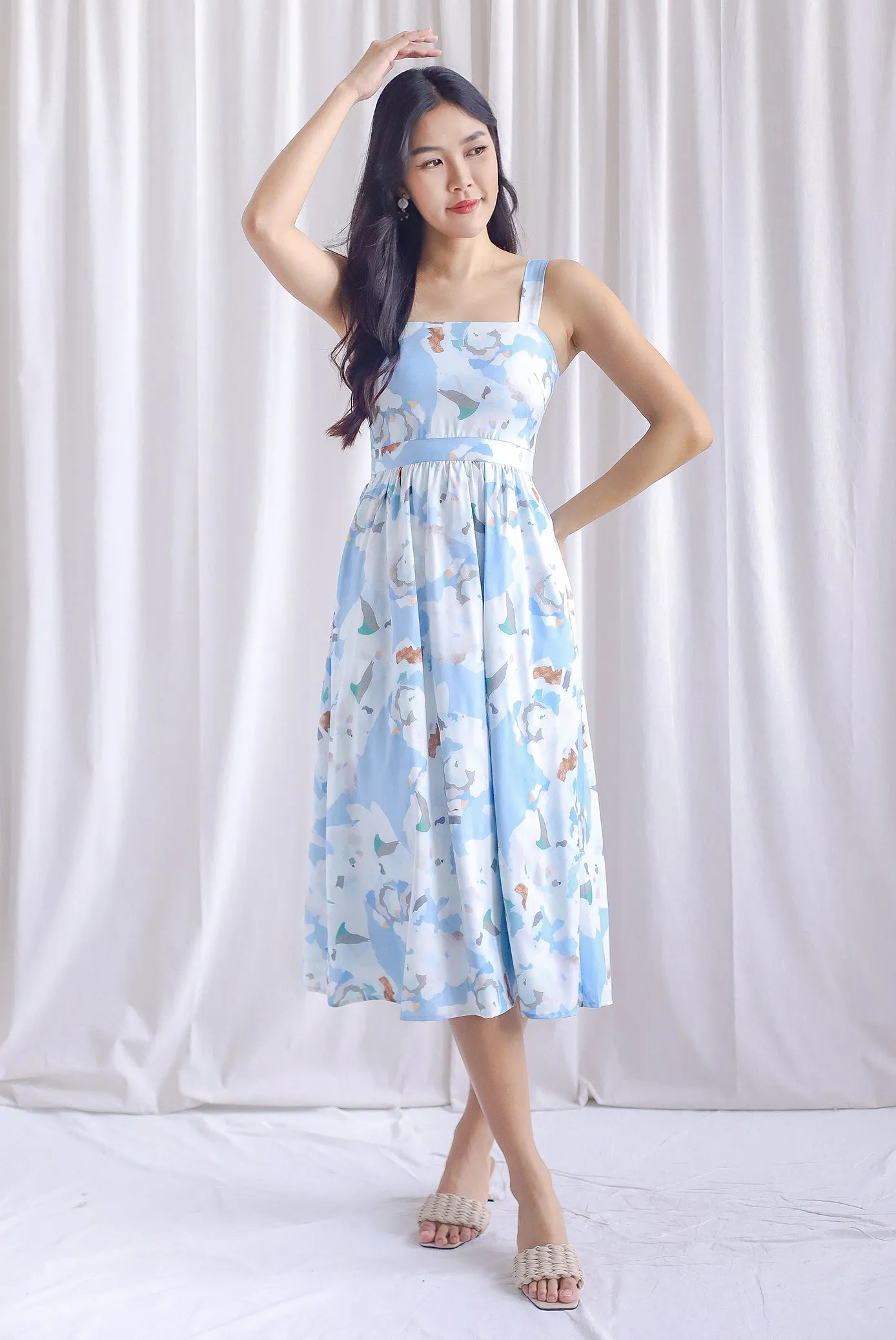 Sevyn Abstract Cut Out Tie Back Midi Dress In Blue