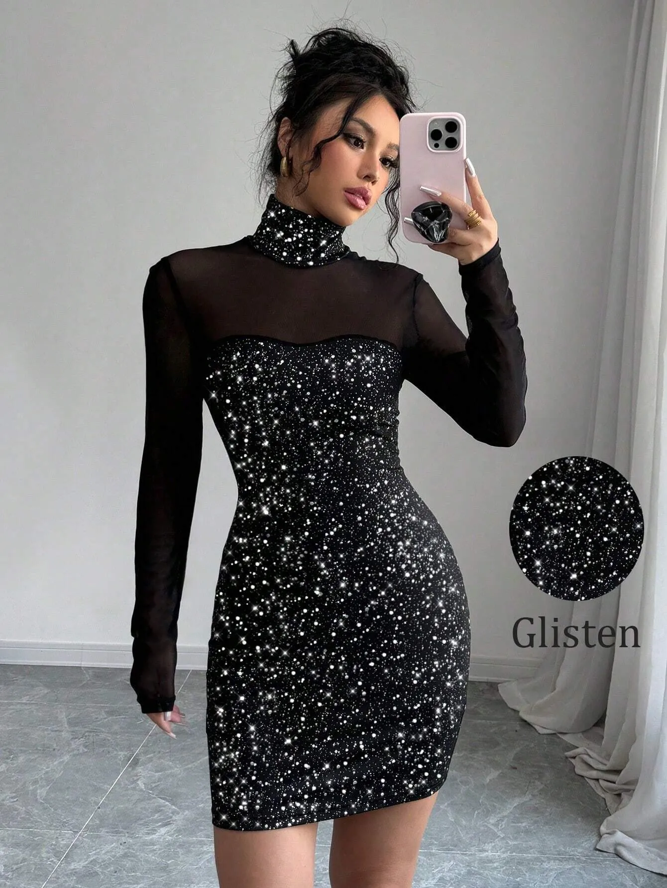 SHEIN Raffinéa Women’s French High Neck Sequin Mesh Overlay Dress