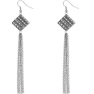 Silver Pave Diamond-Shaped Chain Earrings