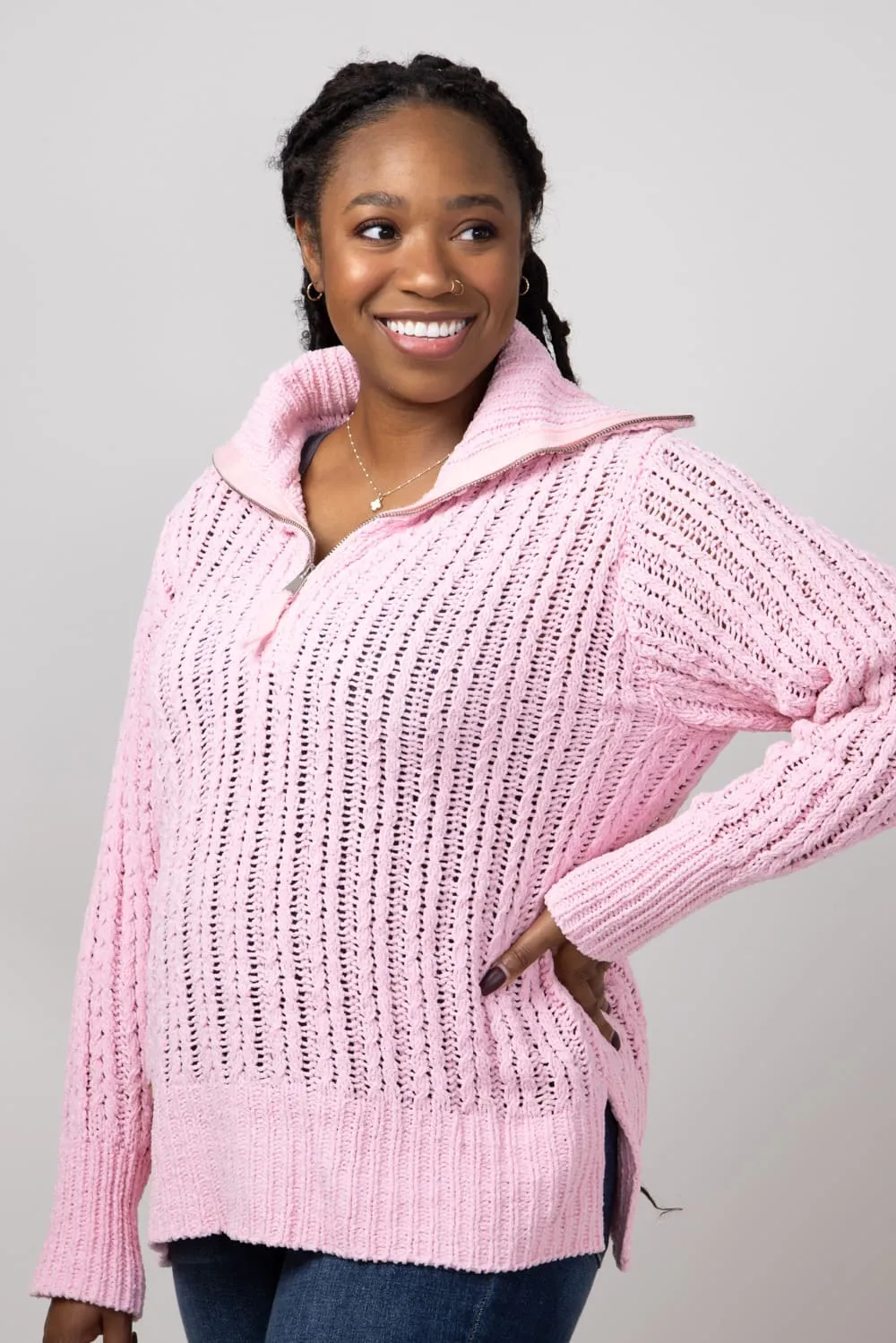 Simply Southern So Soft Quarter Zip Sweater for Women in Candy Pink | PP-0224-SWTR-SOSFT-CANDY
