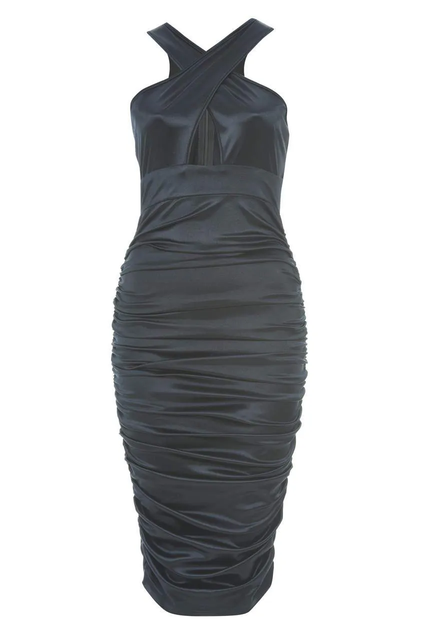 Slinky Navy Ruched Dress With A Cross Over Cut Out Front
