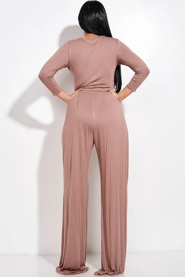 Solid 3/4 Sleeve Top And Wide Leg Pleated Pants Two Piece Set