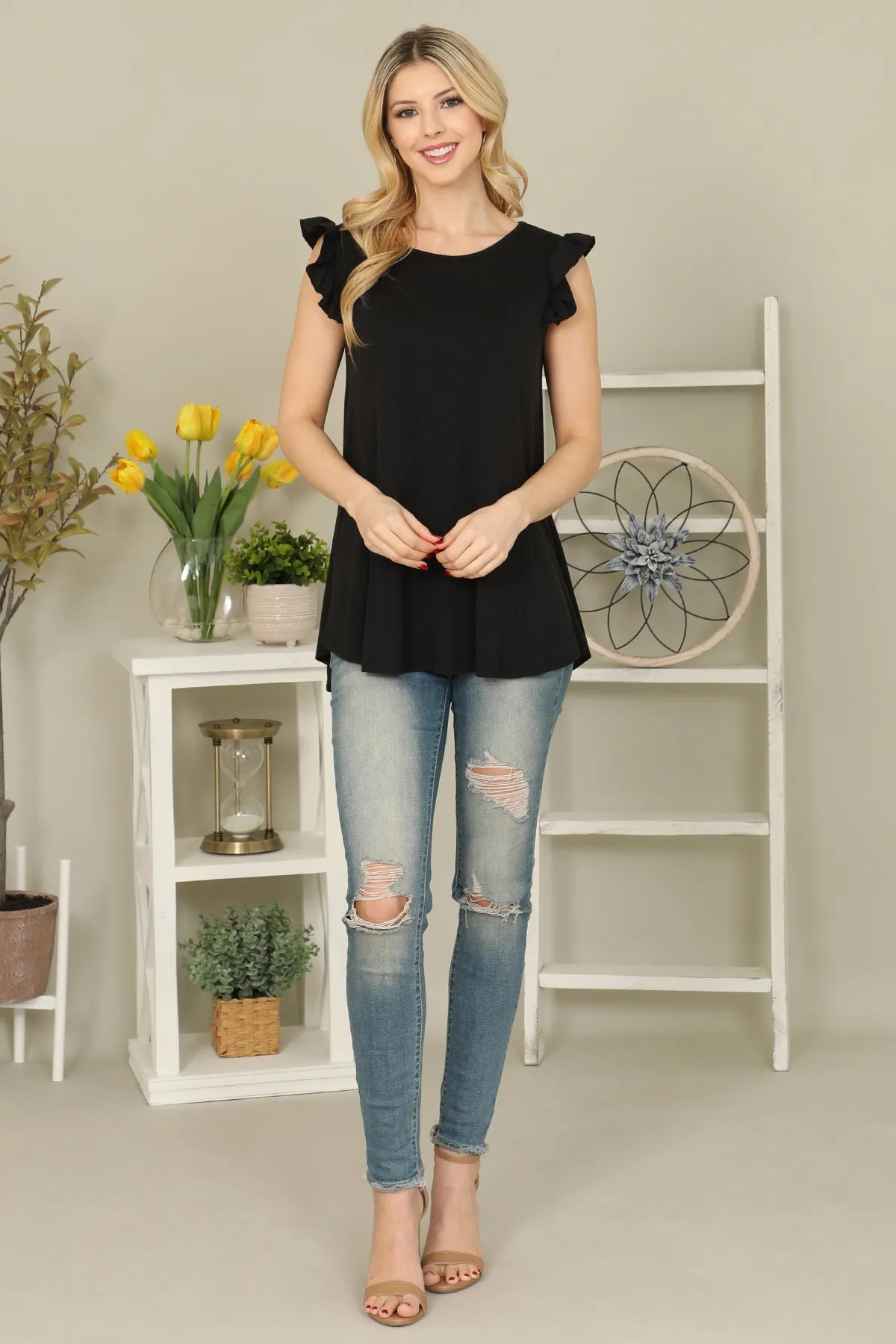 Solid Ruffle Sleeve Top
