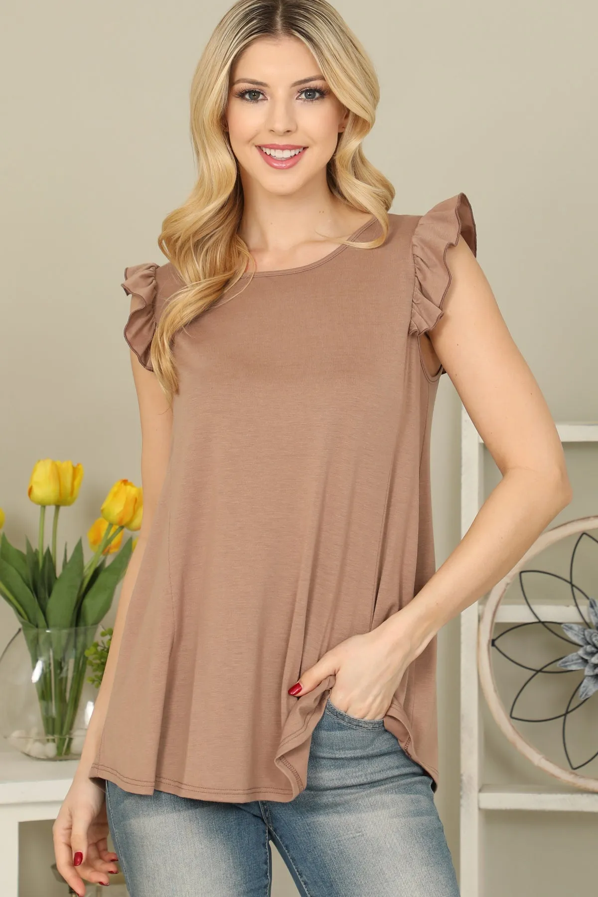 Solid Ruffle Sleeve Top