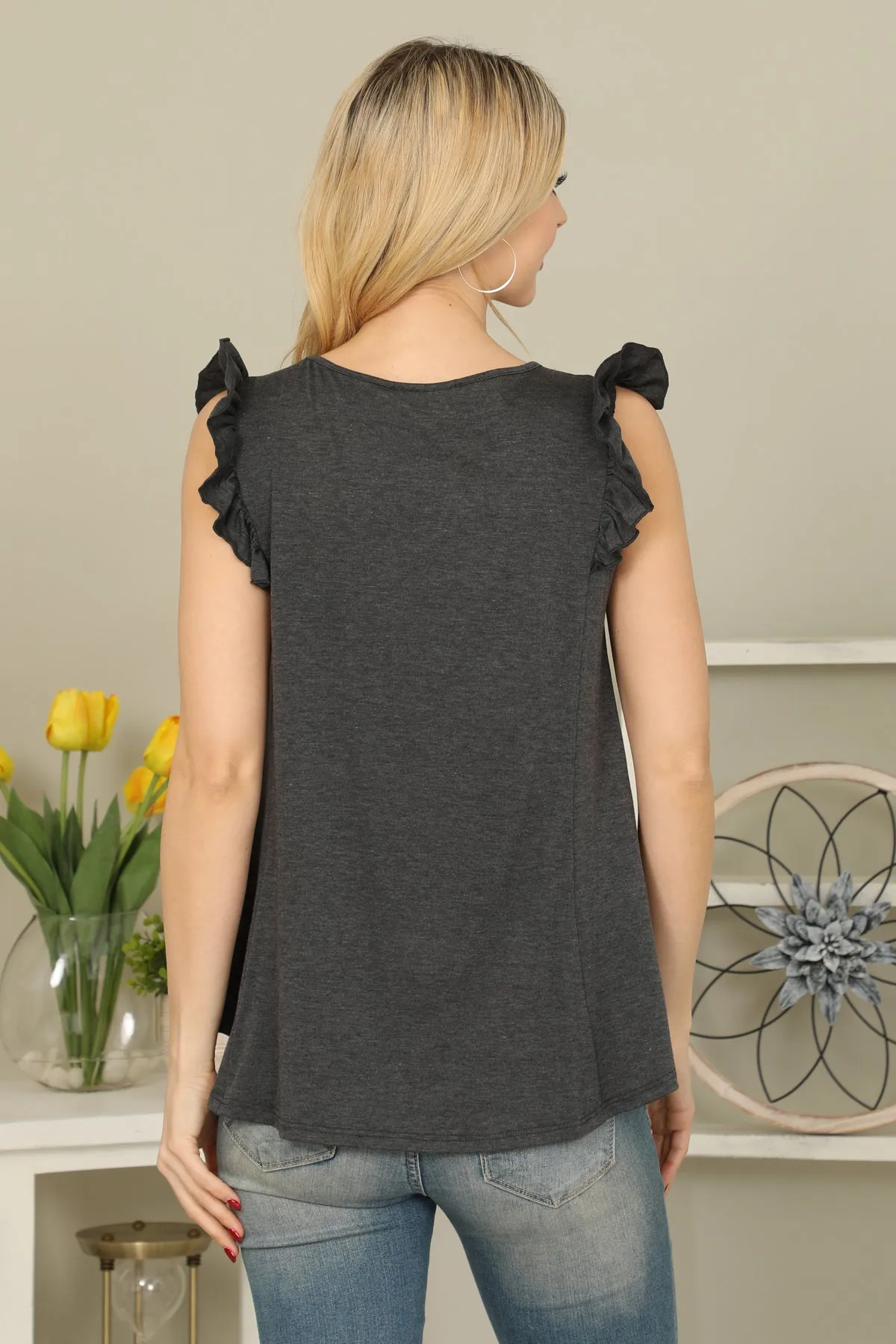 Solid Ruffle Sleeve Top