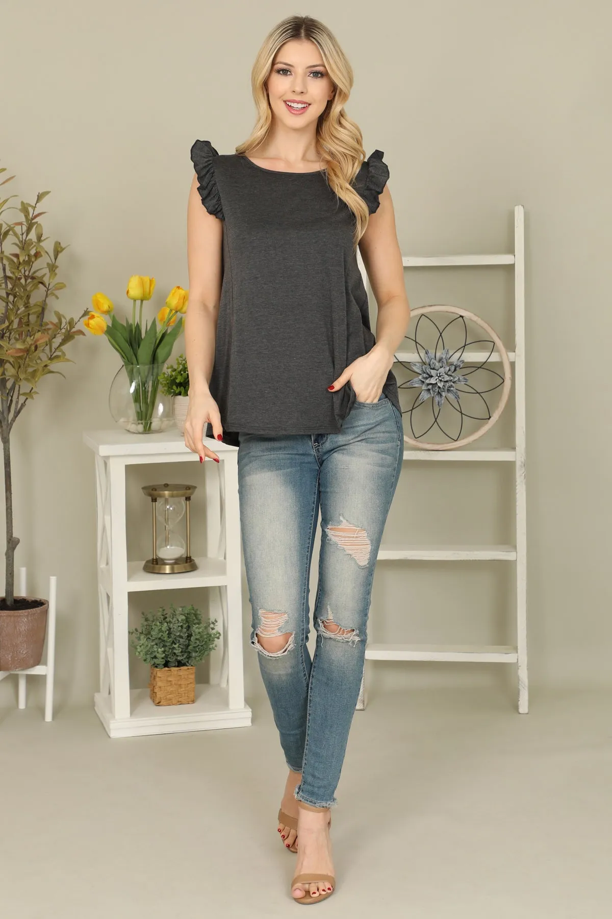 Solid Ruffle Sleeve Top