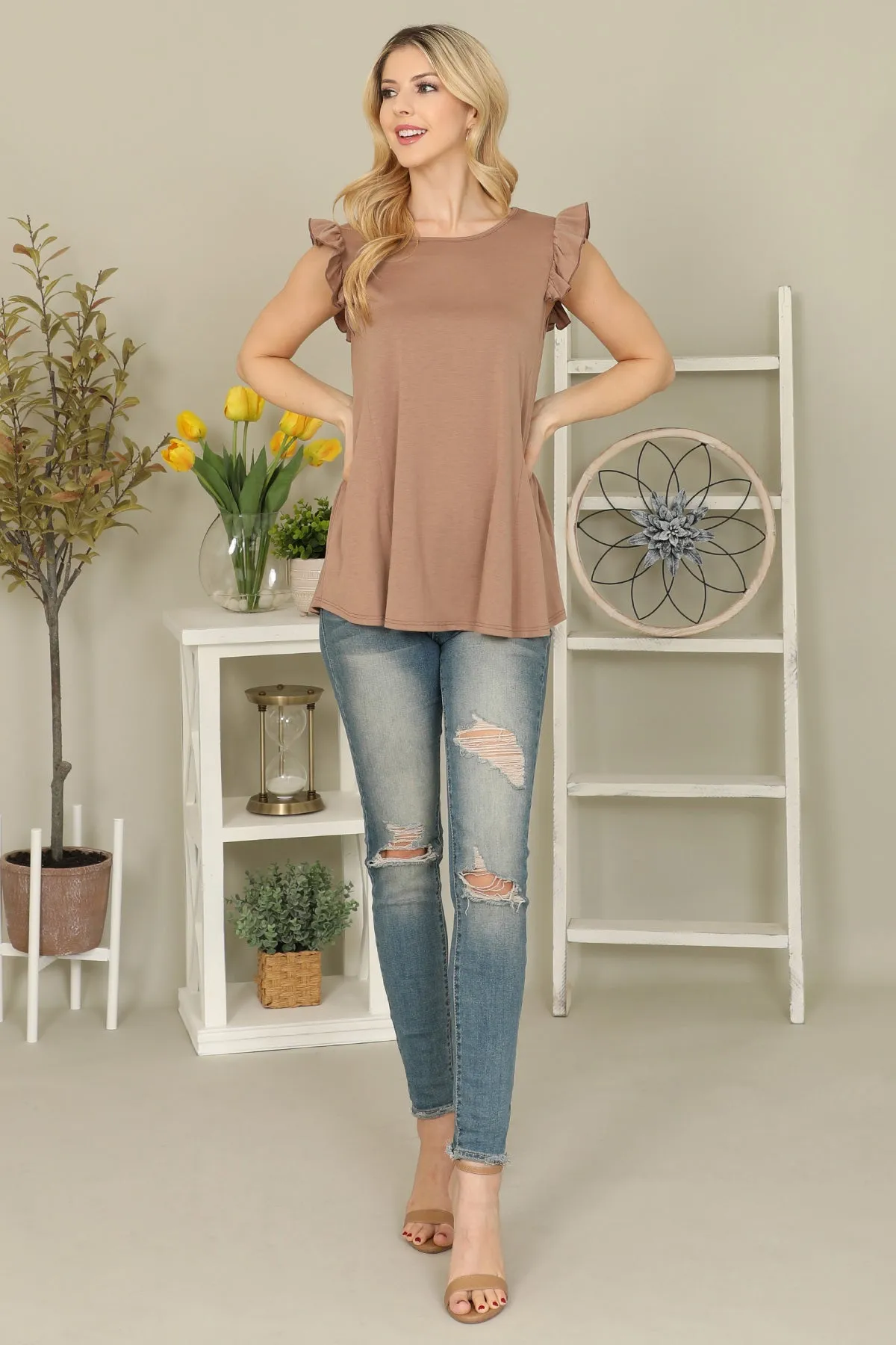 Solid Ruffle Sleeve Top