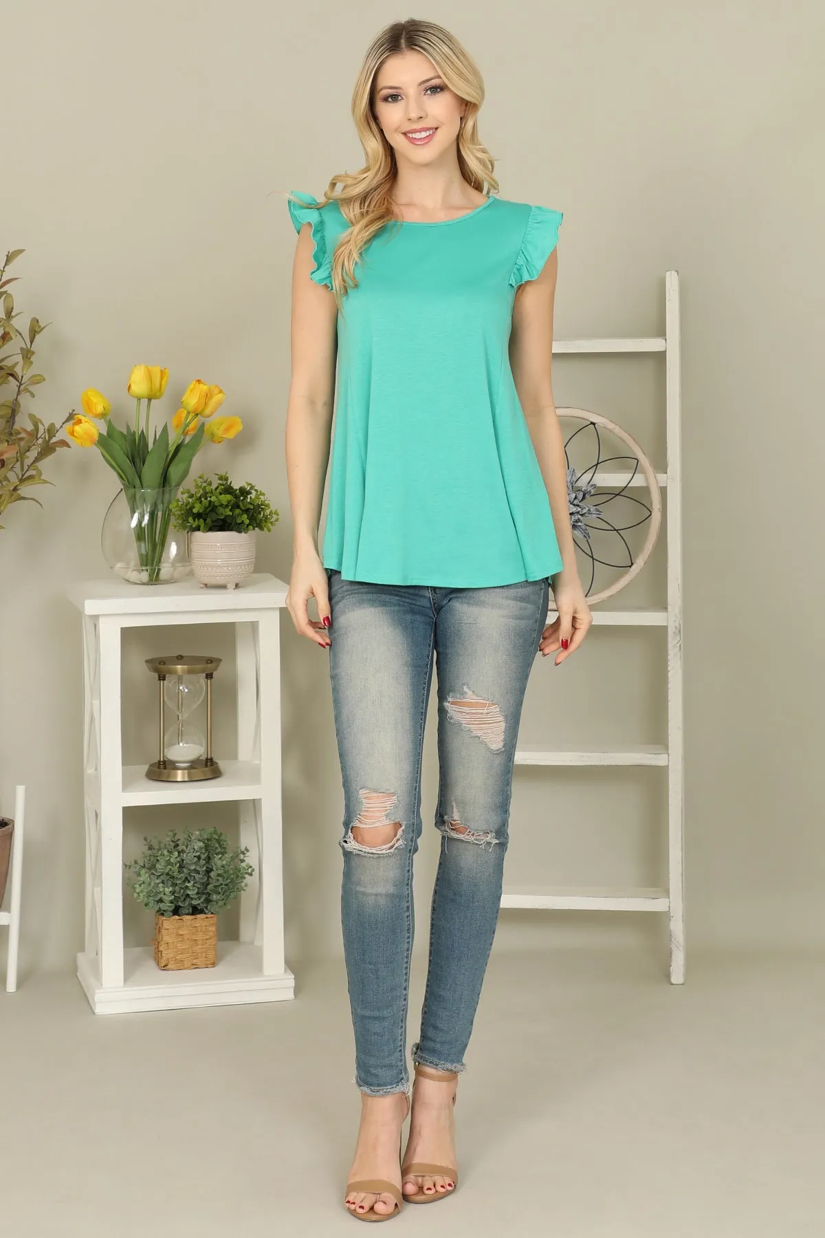 Solid Ruffle Sleeve Top