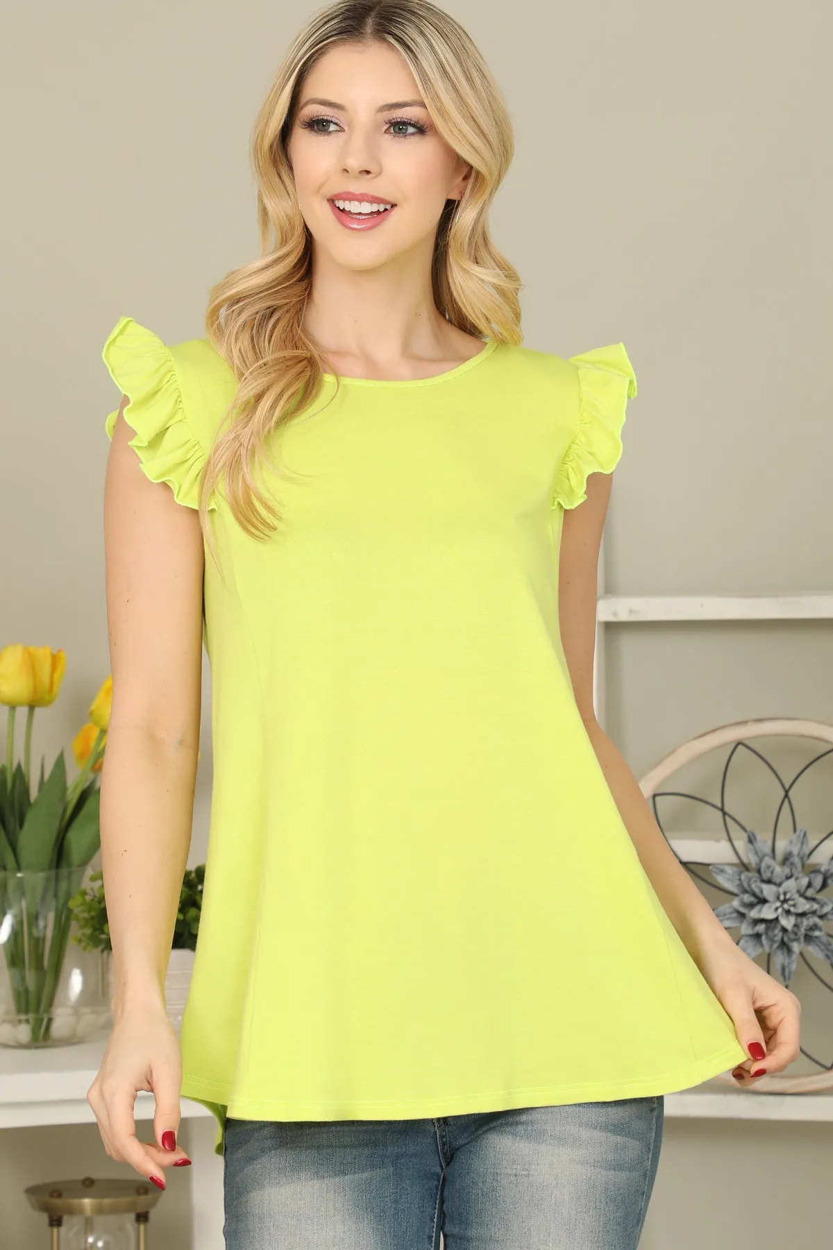 Solid Ruffle Sleeve Top