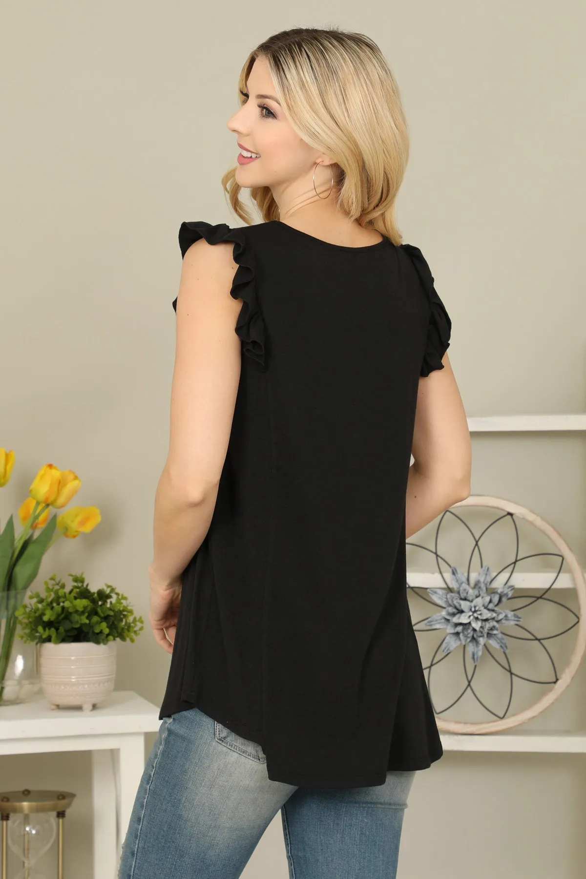 Solid Ruffle Sleeve Top
