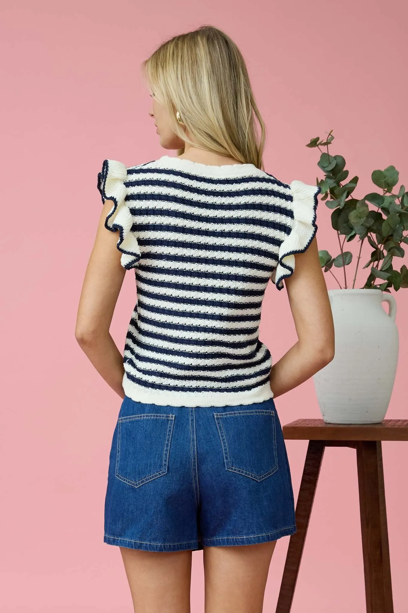 STRIPE SHORT RUFFLE SLEEVE SWEATER KNIT