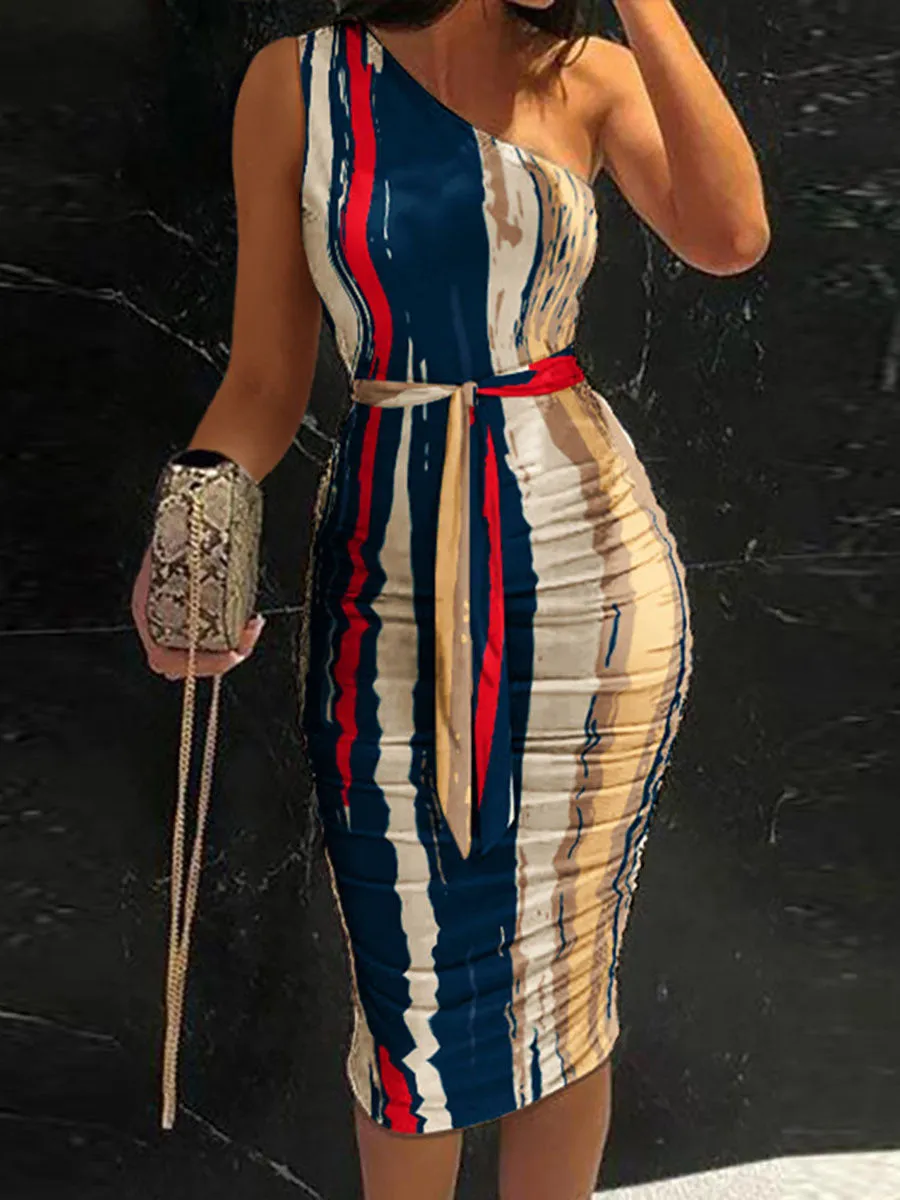 Stunncal Abstract Print One Shoulder Ruched Bodycon Dress