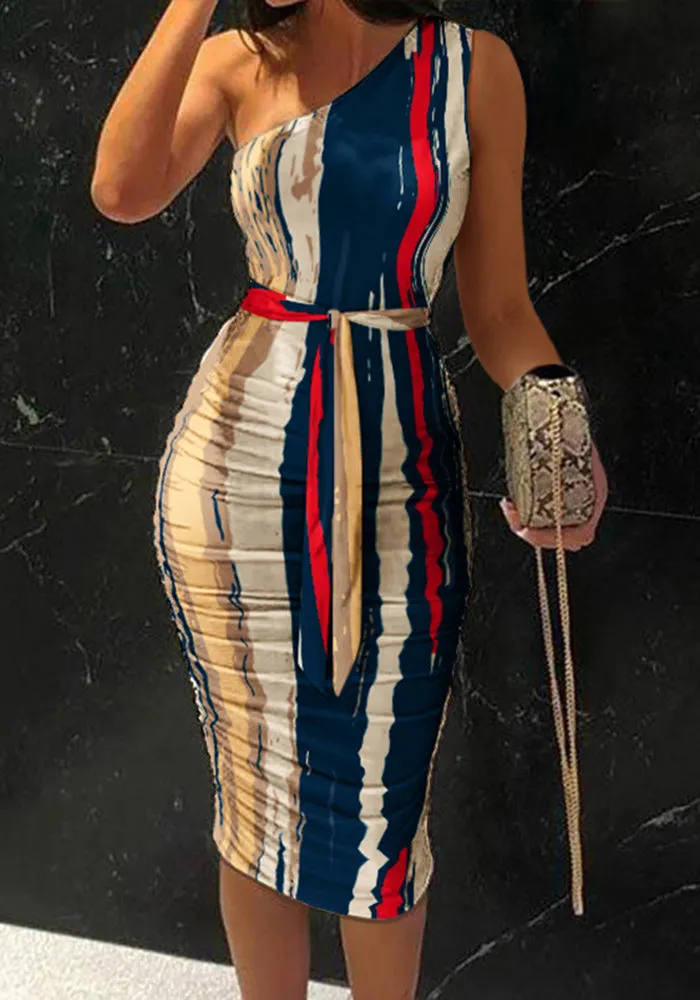 Stunncal Abstract Print One Shoulder Ruched Bodycon Dress