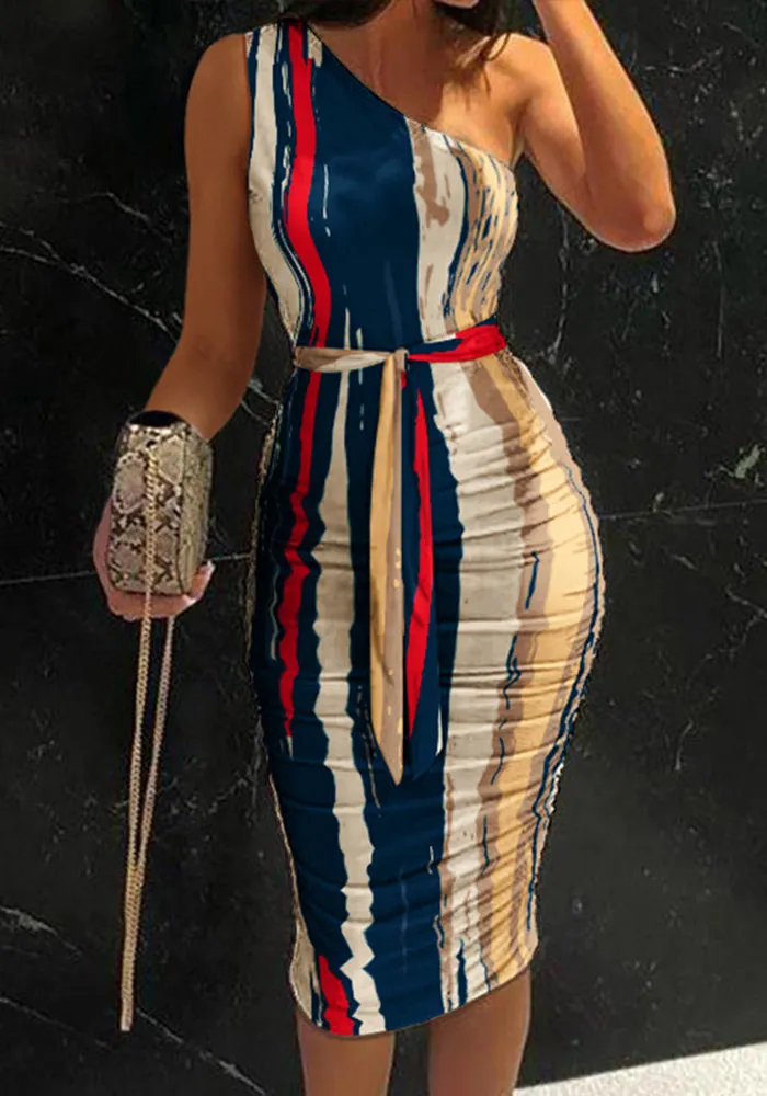 Stunncal Abstract Print One Shoulder Ruched Bodycon Dress