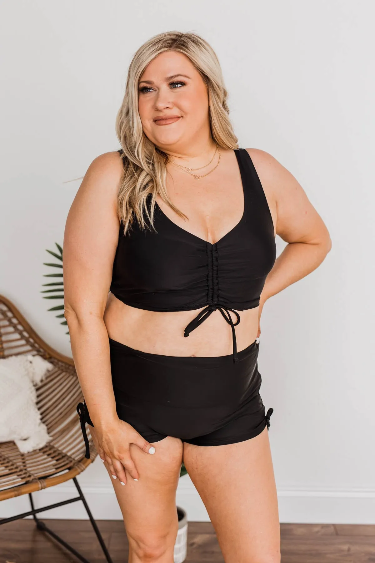 Surfing Through Life Cinched Swim Top- Black