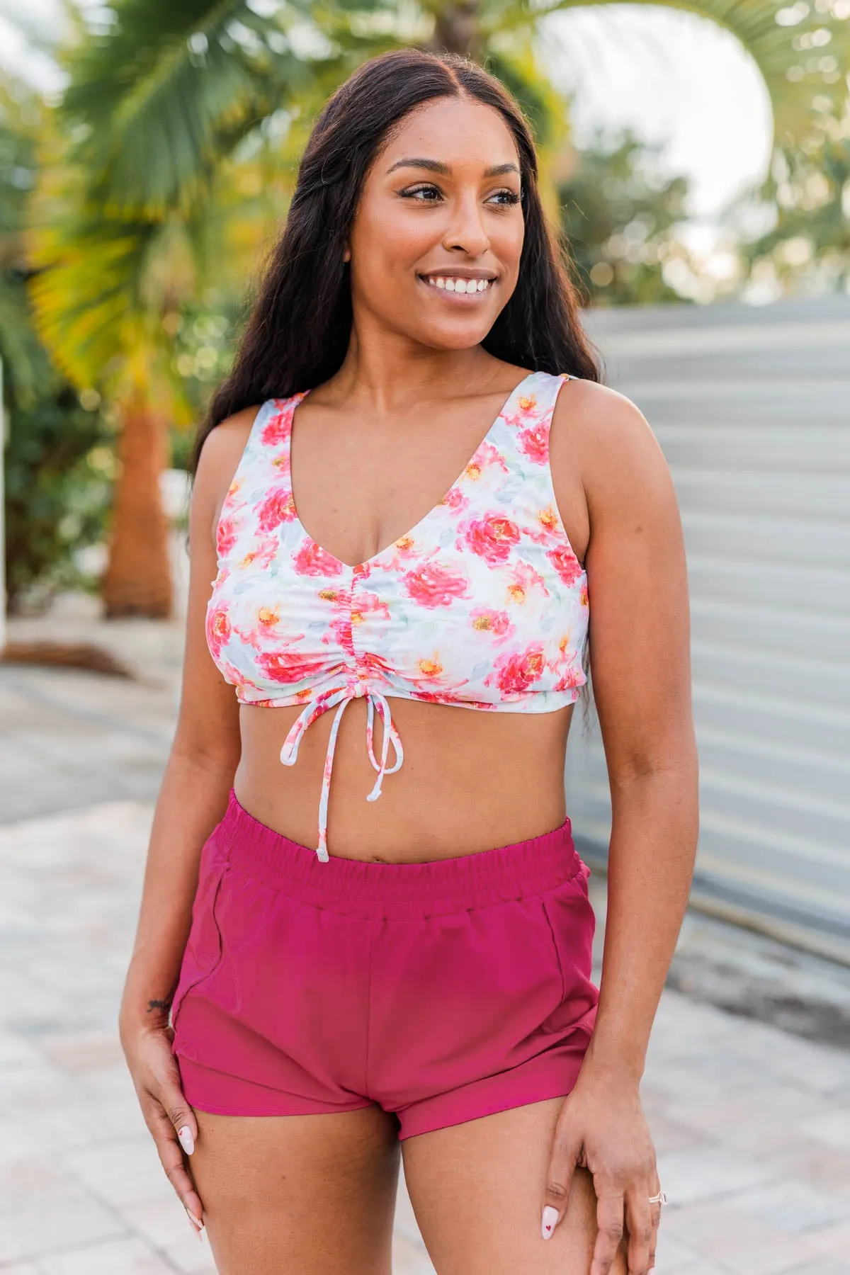 Surfing Through Life Cinched Swim Top- Ivory Floral
