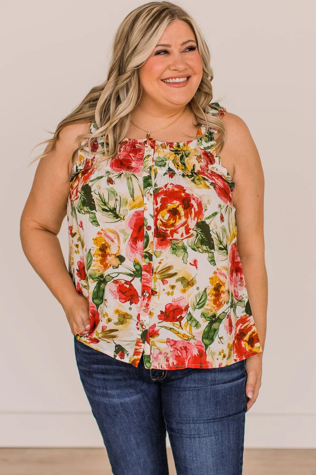 Sweet As Spring Floral Tank Top- Ivory & Pink