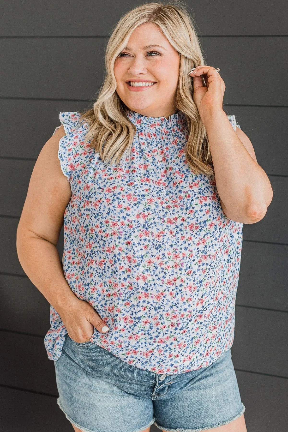Sweeter Than Ever Ruffle Top- Ivory & Royal Blue