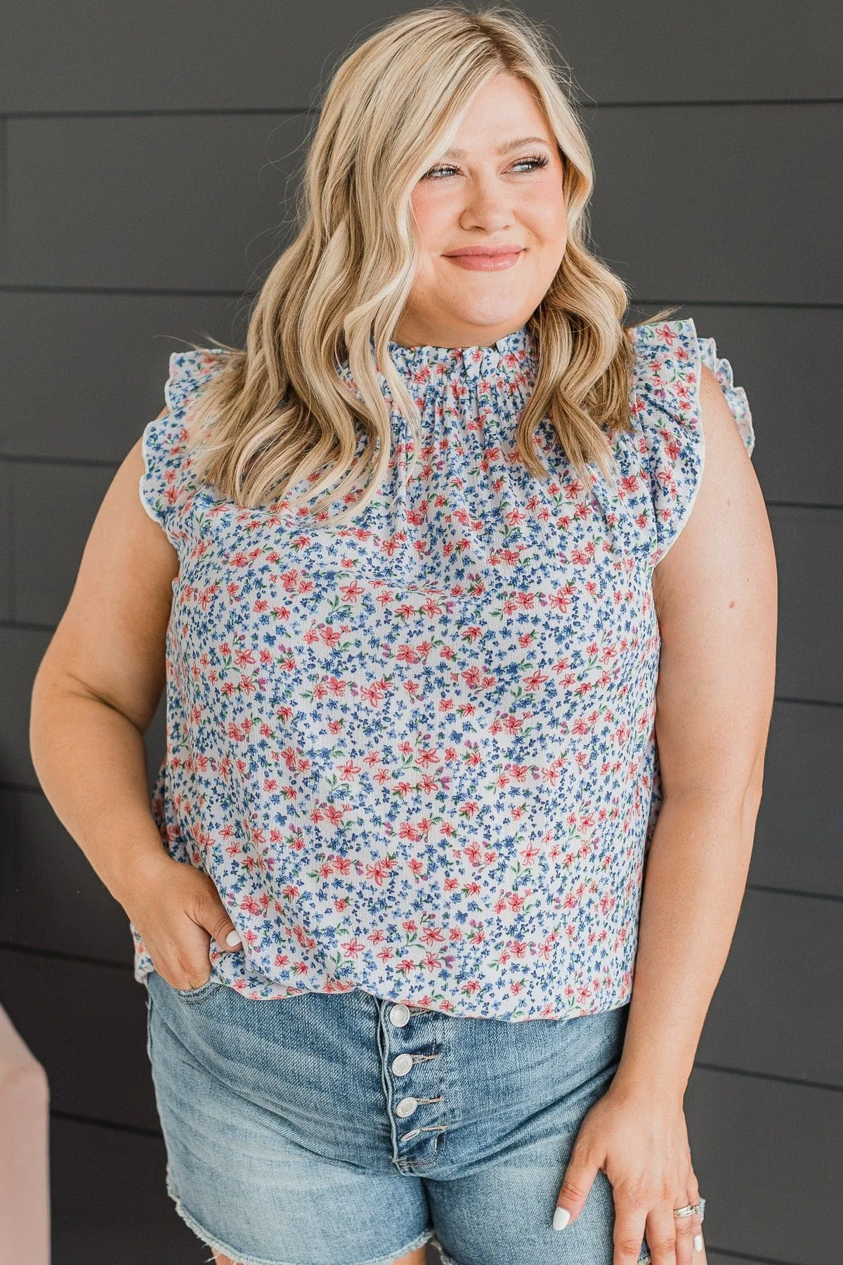 Sweeter Than Ever Ruffle Top- Ivory & Royal Blue