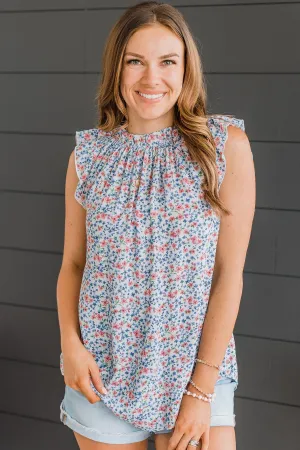 Sweeter Than Ever Ruffle Top- Ivory & Royal Blue