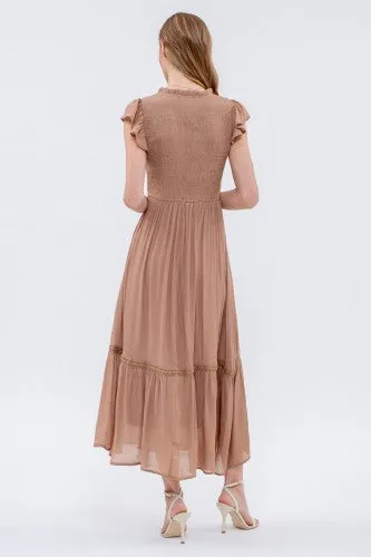 Taupe Scoop Ruffle Midi Tiered Dress