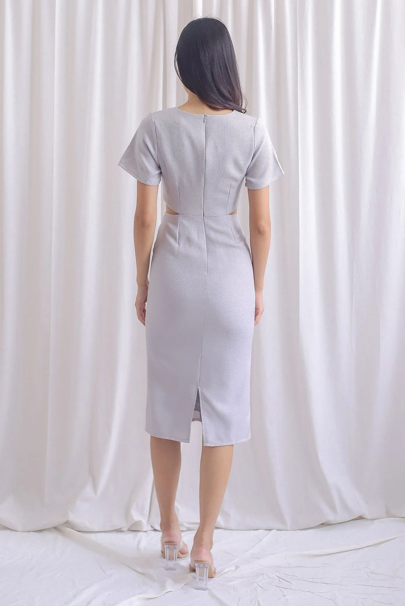 TDC Oreana Tweed Twist Knot Cut Out Dress In Grey