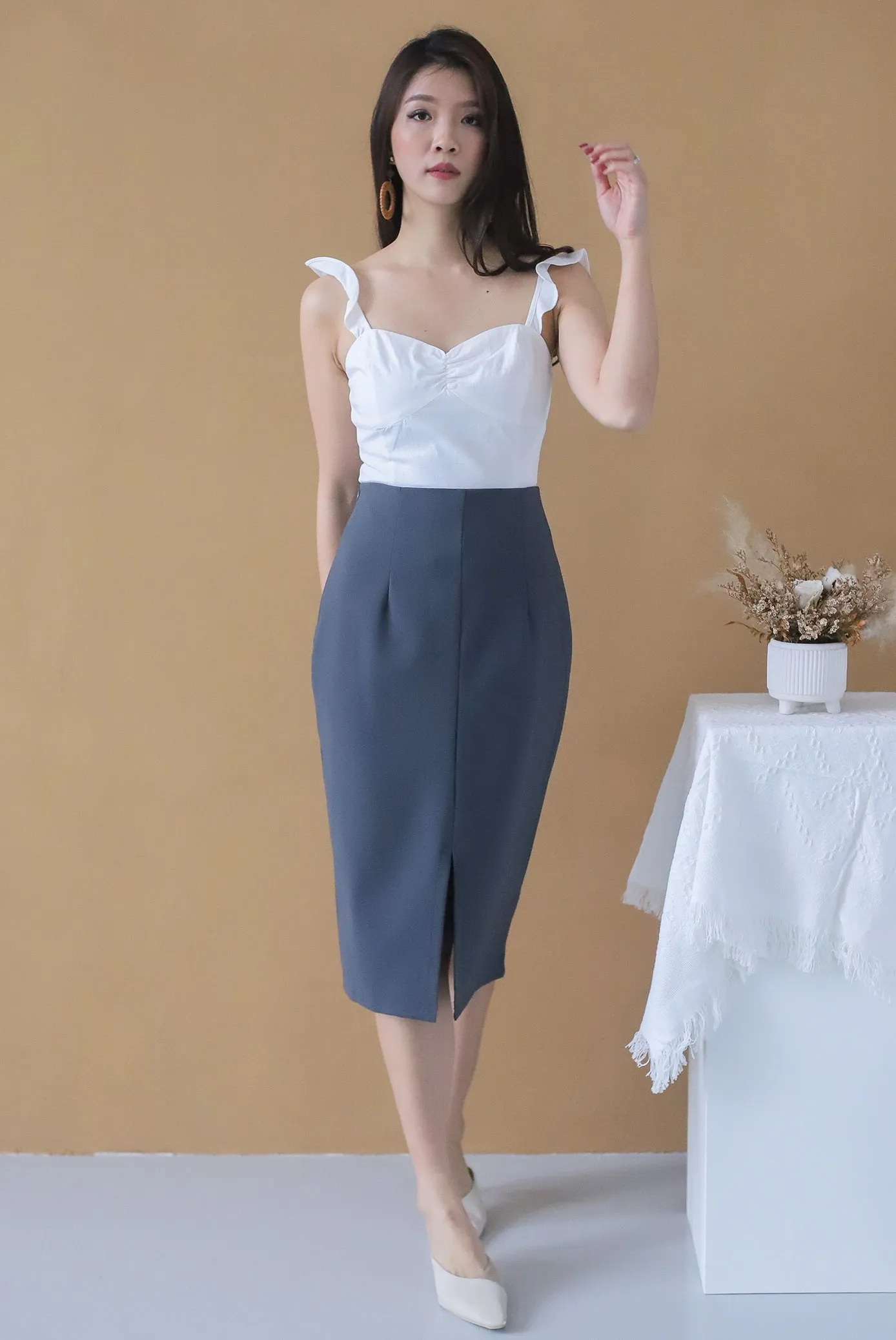 TDC Viorie Ruffle Strap Top In White