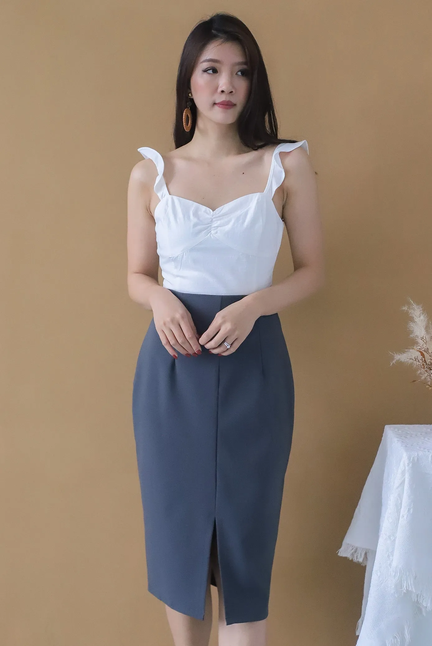 TDC Viorie Ruffle Strap Top In White