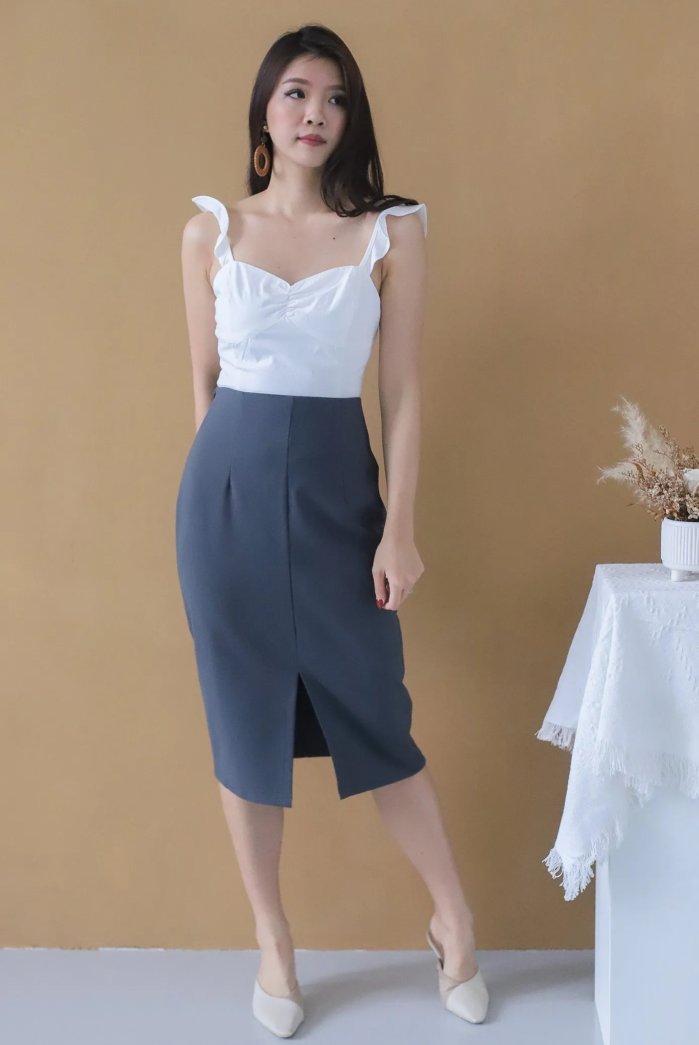TDC Viorie Ruffle Strap Top In White