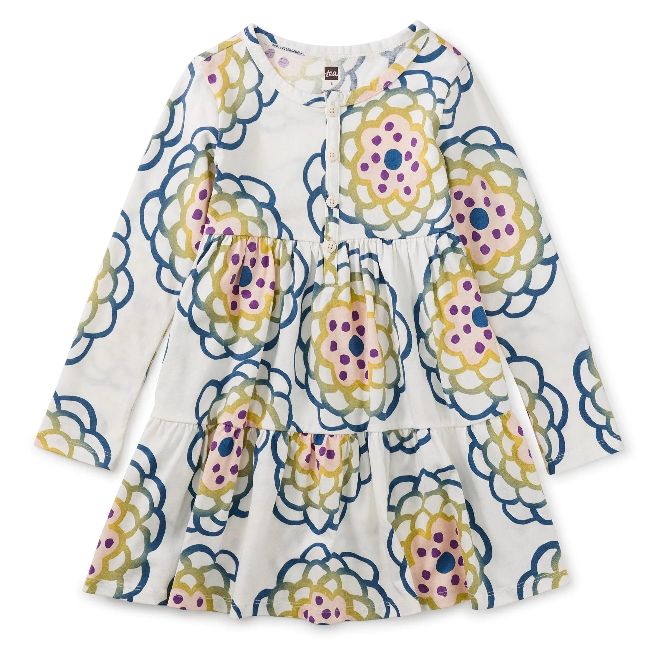Tea Collection Spinning Chrysanthemum Long Sleeve Tiered Henley Dress - Size 6