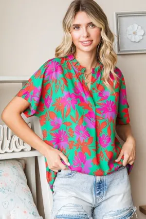 Teal   Fuchsia Multi Flower Ruffle Split Neck Dolman