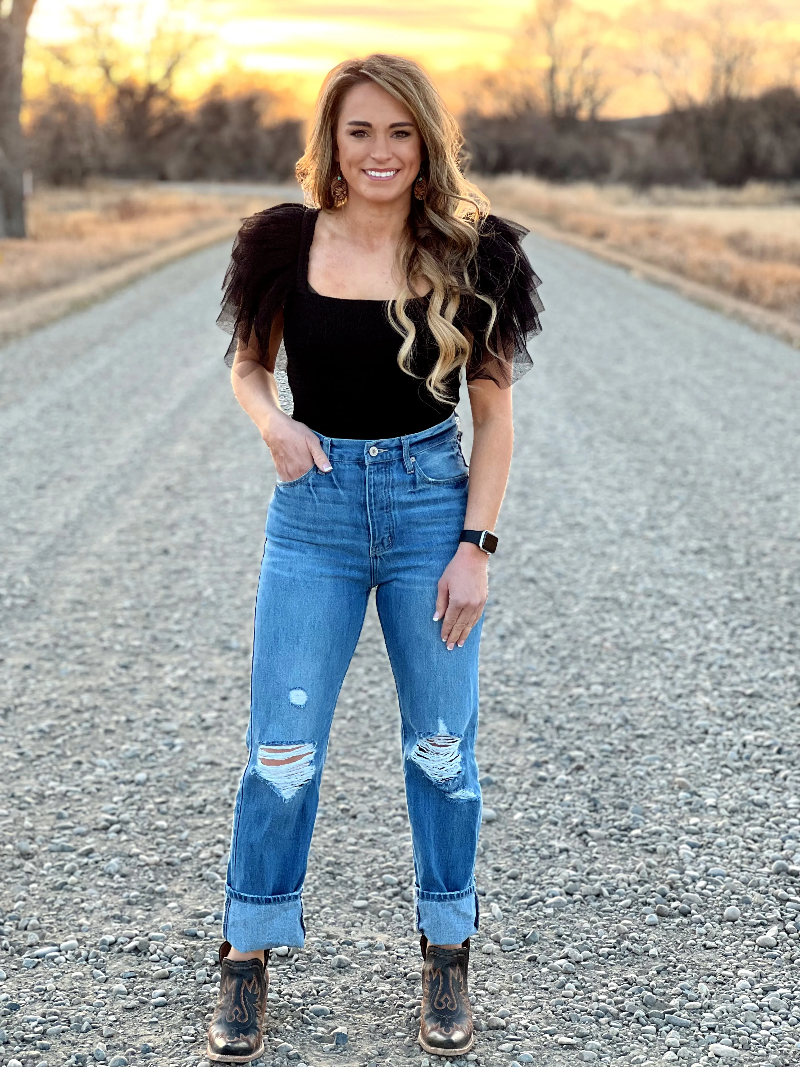 The Ruffle Sleeve Bodysuit in Black
