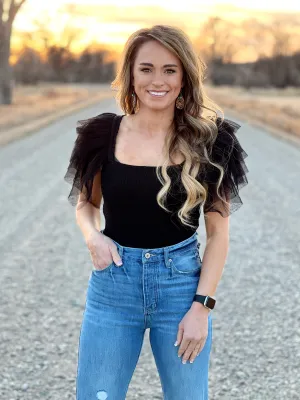 The Ruffle Sleeve Bodysuit in Black