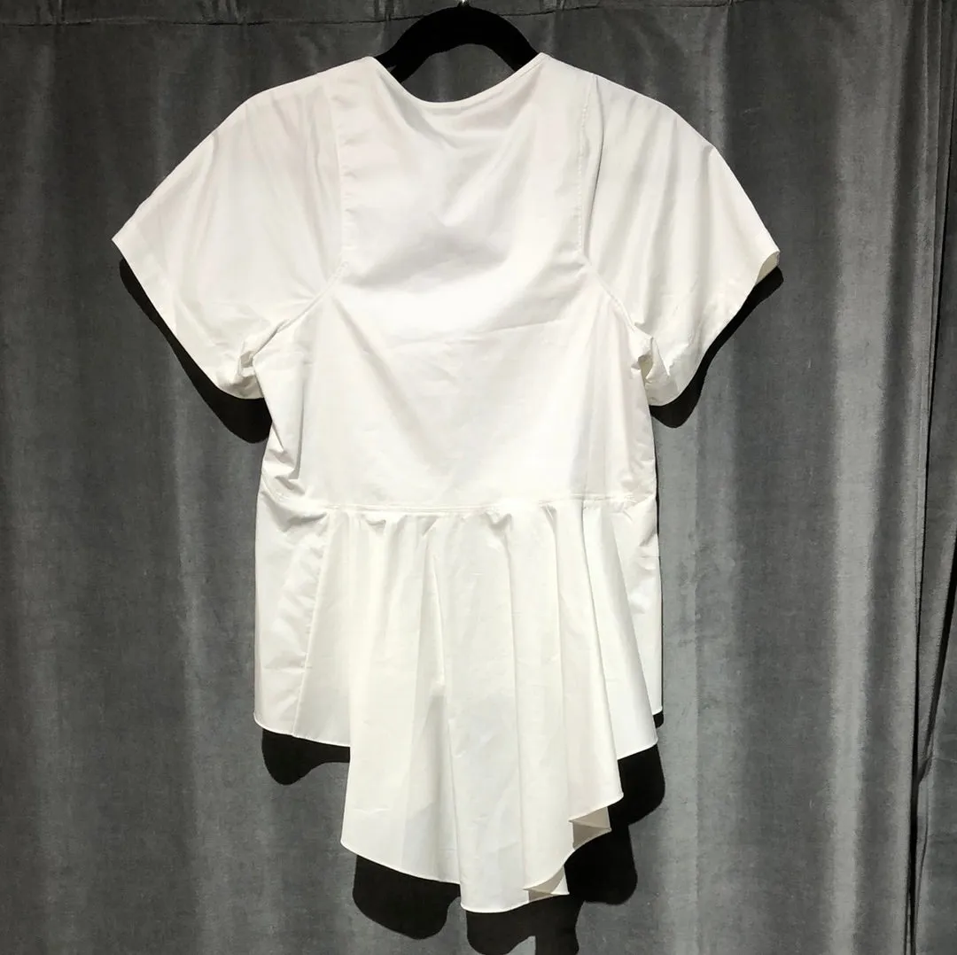 Tibi White Half zip short sleeve ruffle bottom cotton blouse