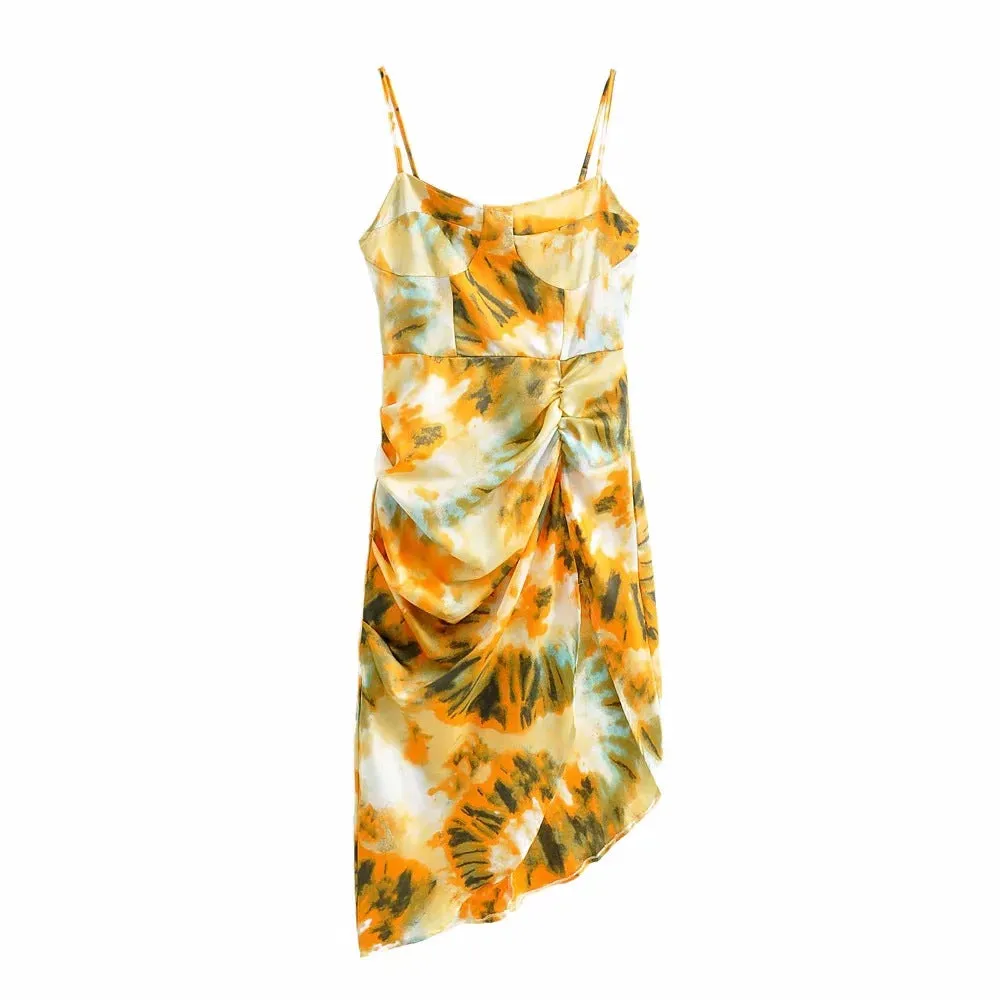 Tie Dye Vintage Irregular Hem Floral Bodycon Party Midi Dresses