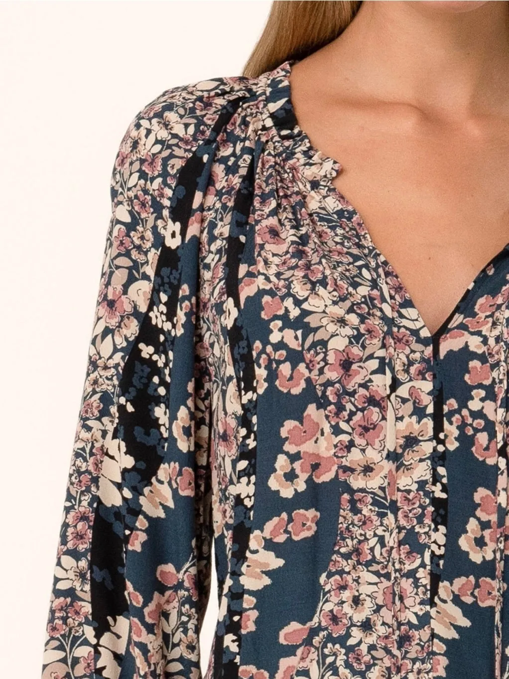 Tie Neck Flora Print Top - Navy