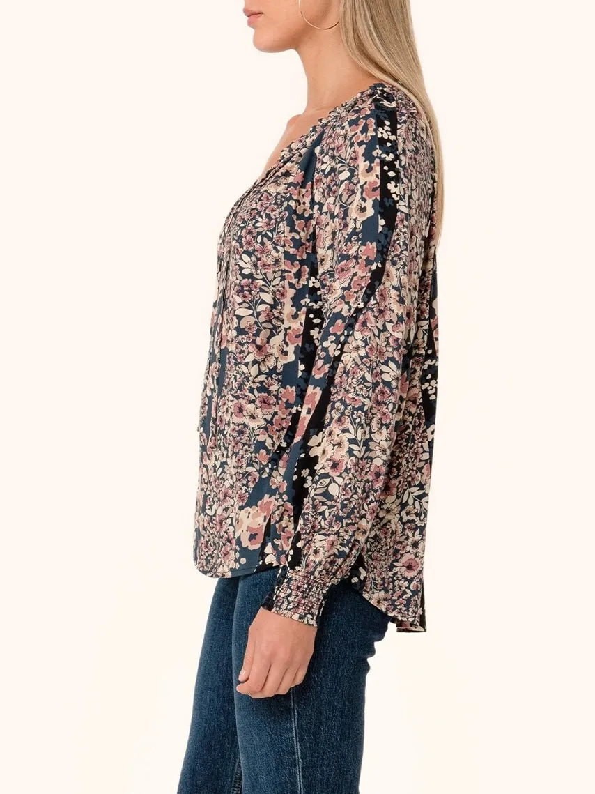 Tie Neck Flora Print Top - Navy
