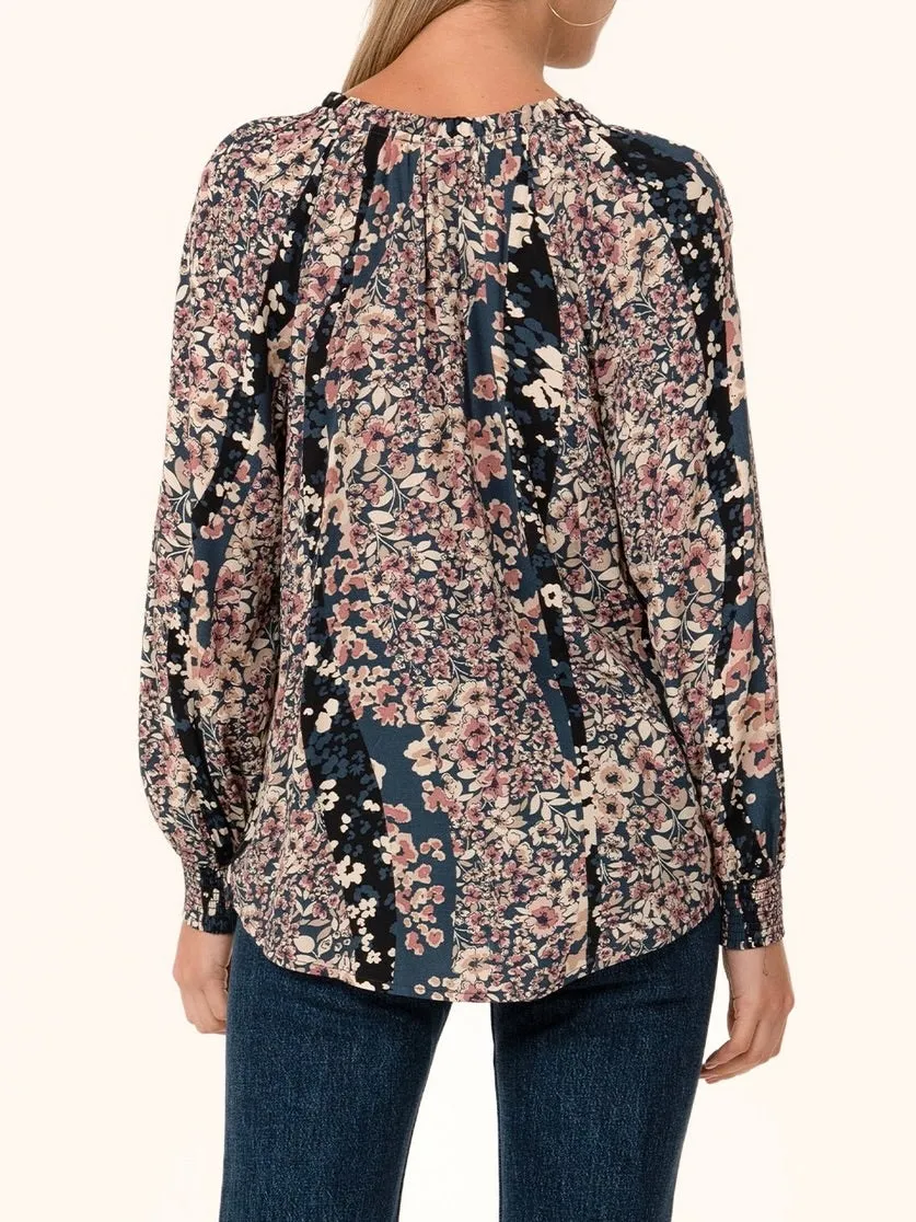 Tie Neck Flora Print Top - Navy