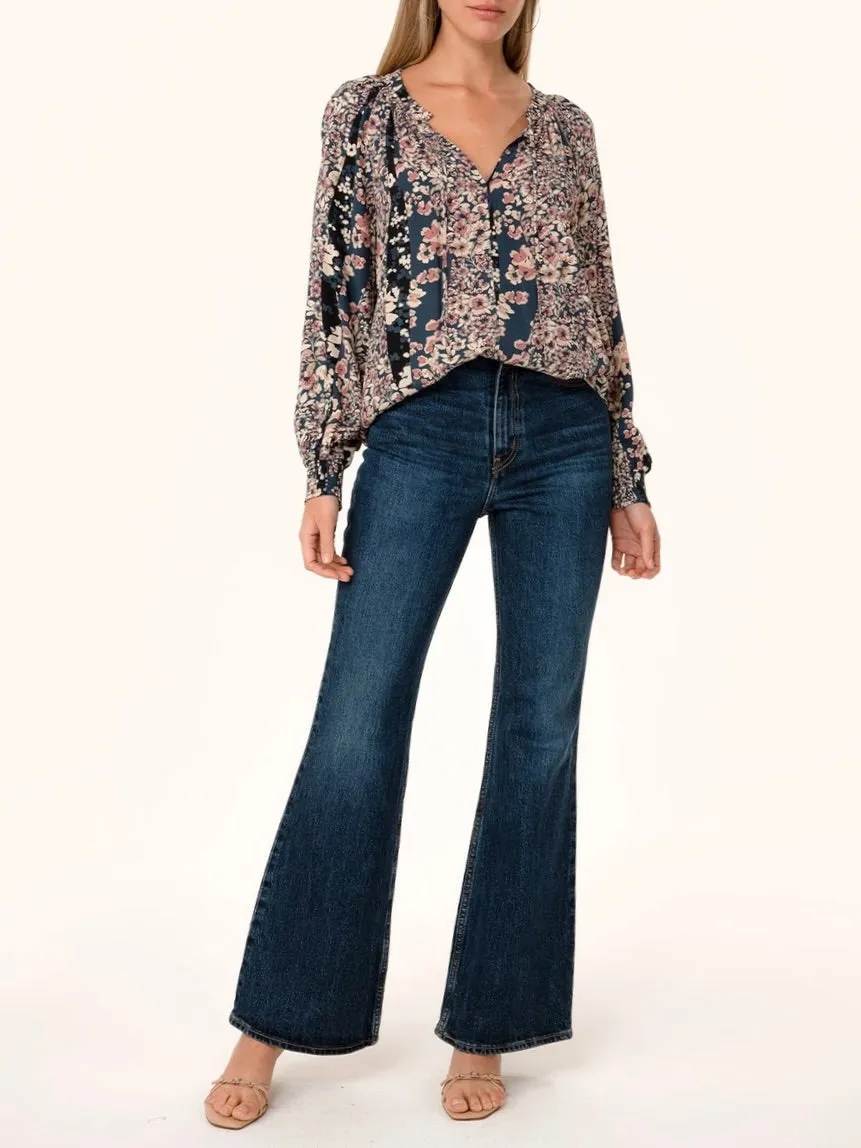 Tie Neck Flora Print Top - Navy
