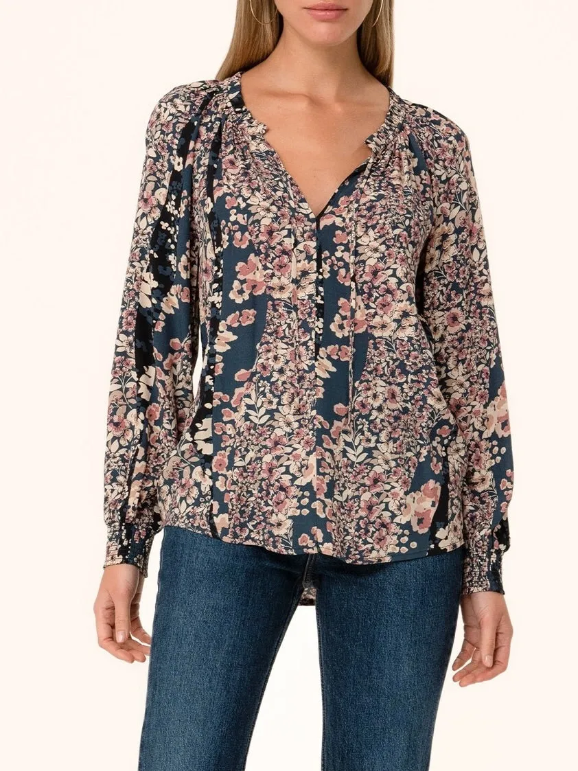 Tie Neck Flora Print Top - Navy