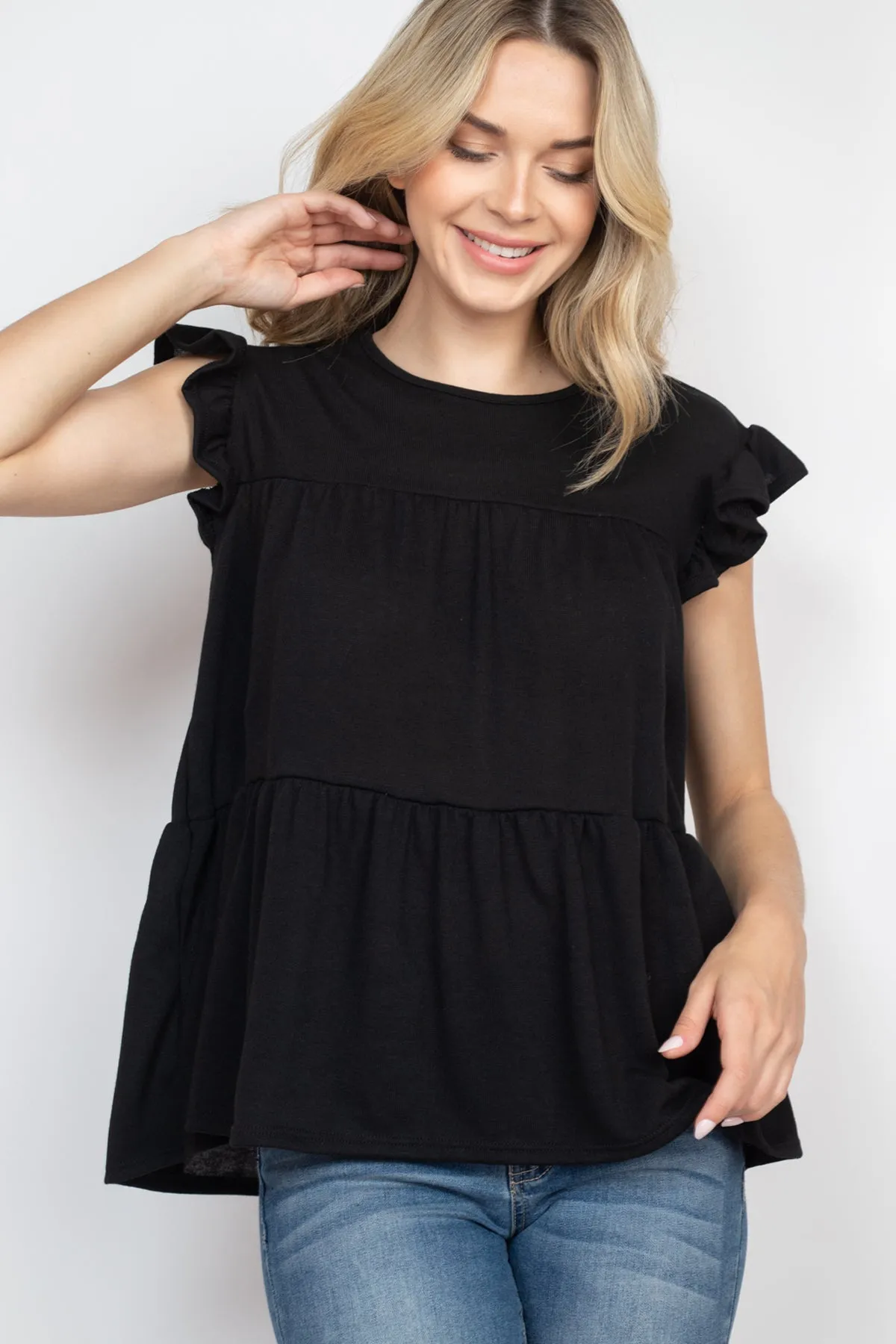 Tiered Ruffle Solid Swing Top