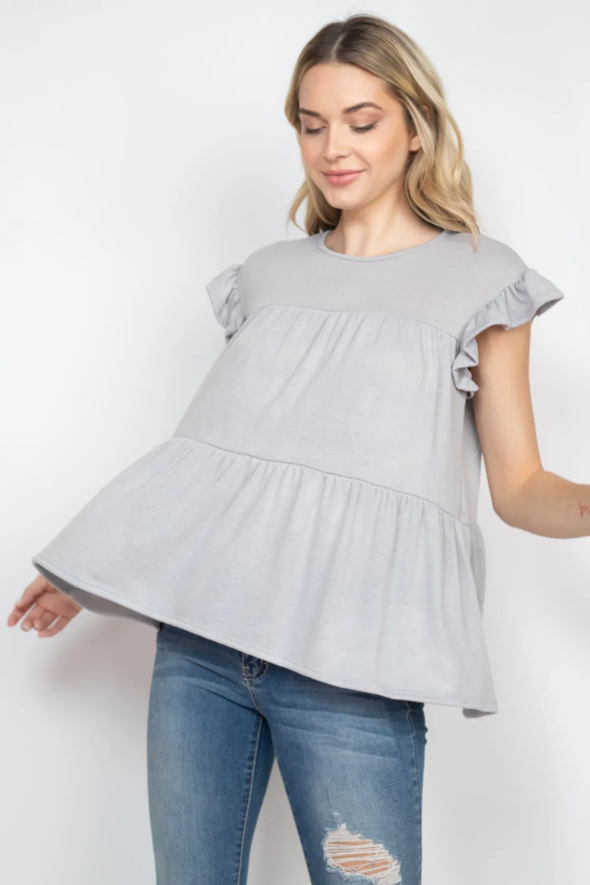 Tiered Ruffle Solid Swing Top