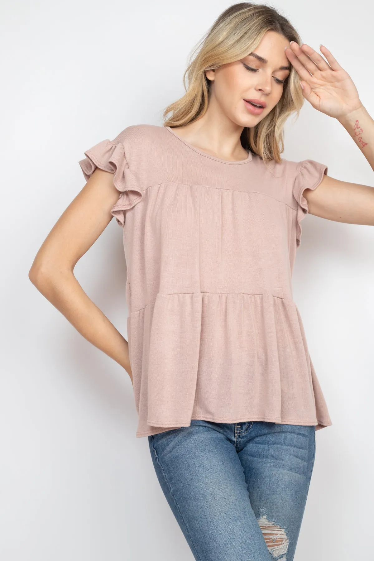 Tiered Ruffle Solid Swing Top