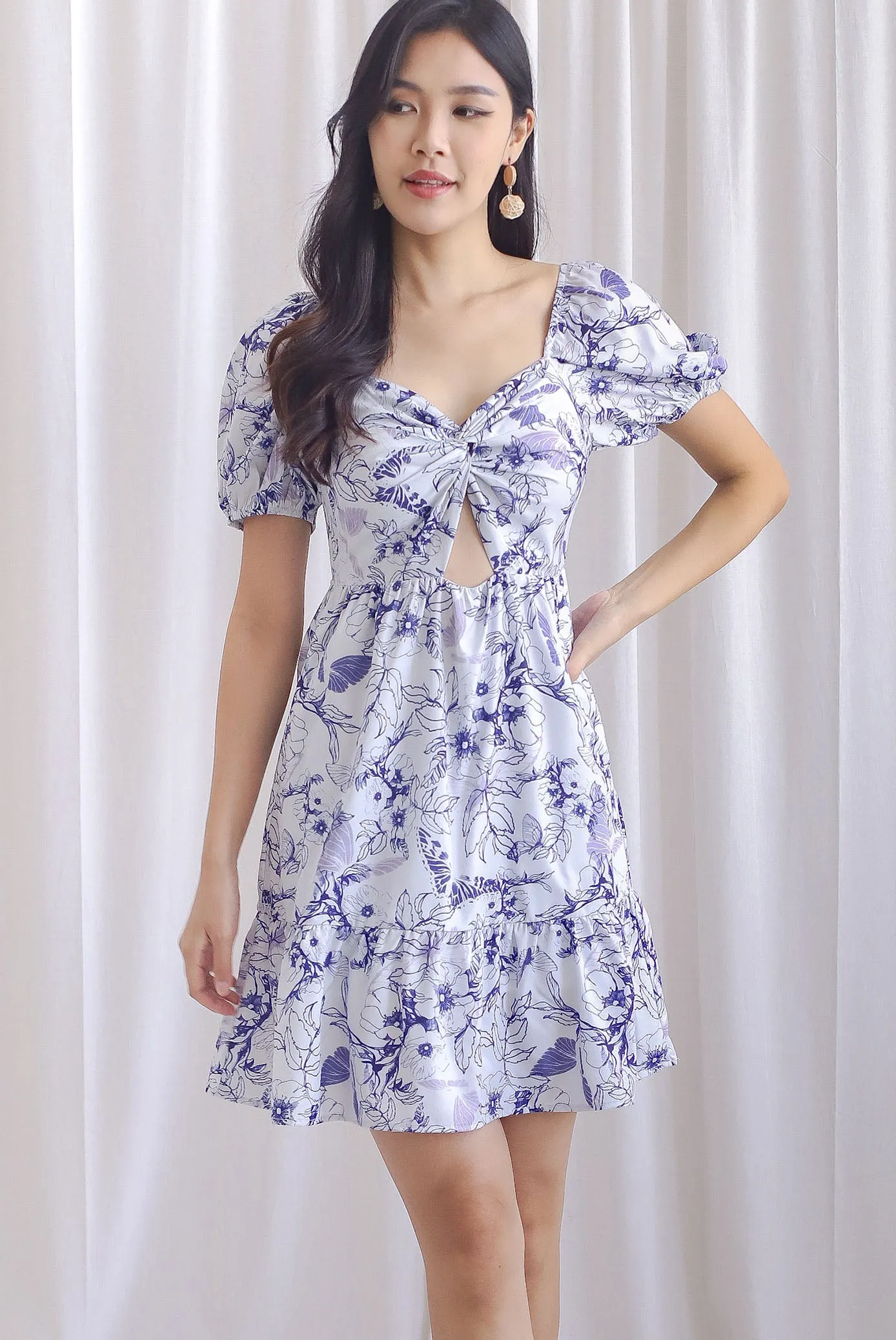 Tiffany Twist Knot Cut Out Romper Dress In Purple Floral