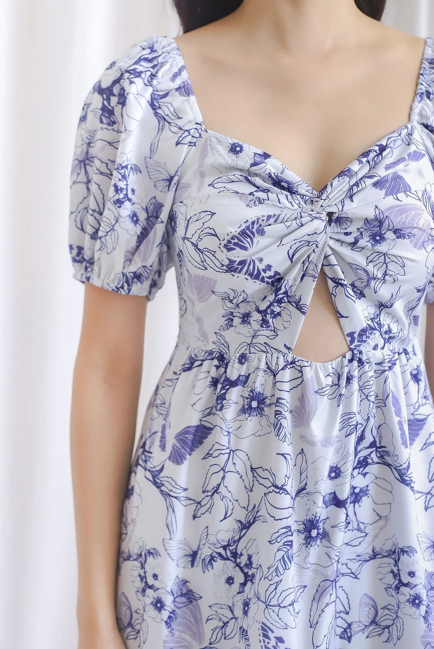 Tiffany Twist Knot Cut Out Romper Dress In Purple Floral