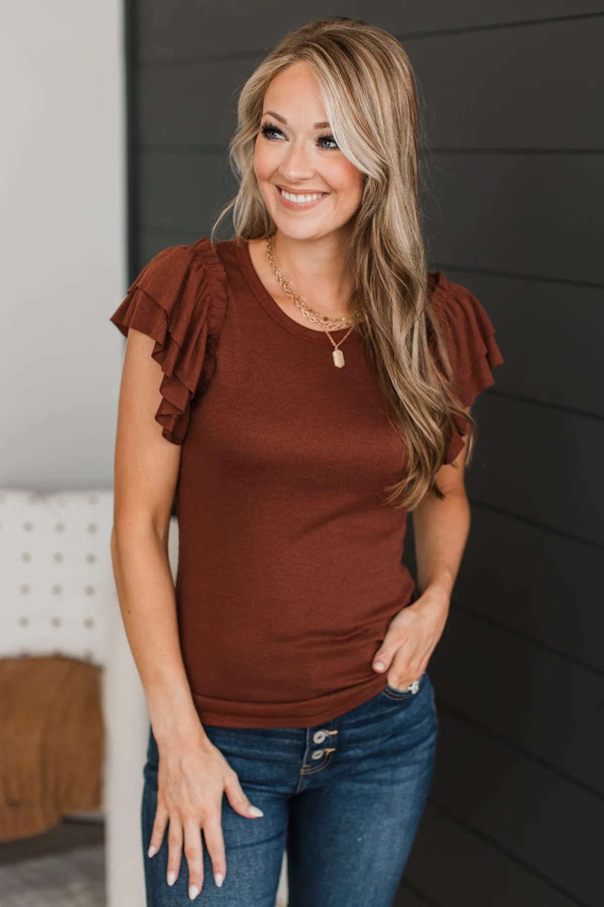 Truly A Treasure Ruffle Top- Red Brown