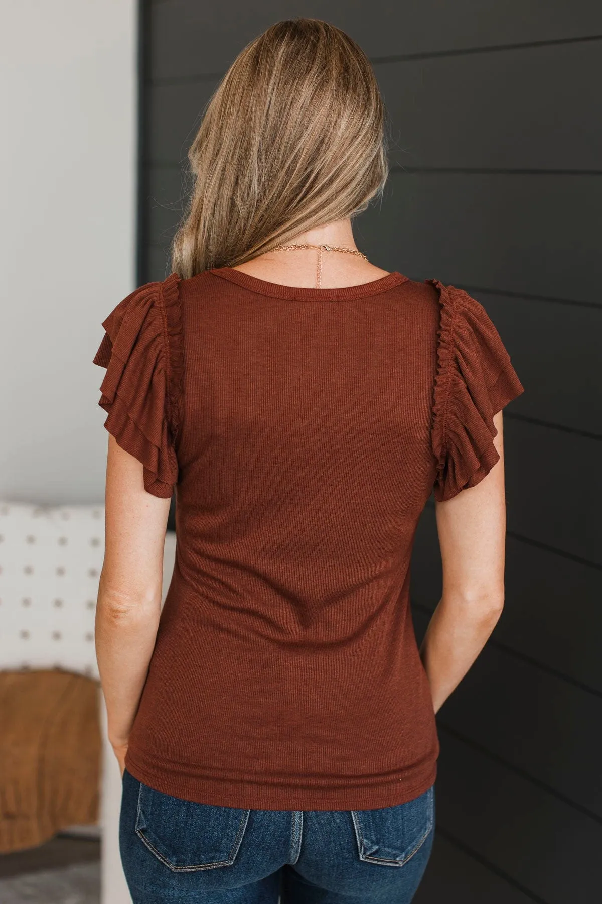 Truly A Treasure Ruffle Top- Red Brown
