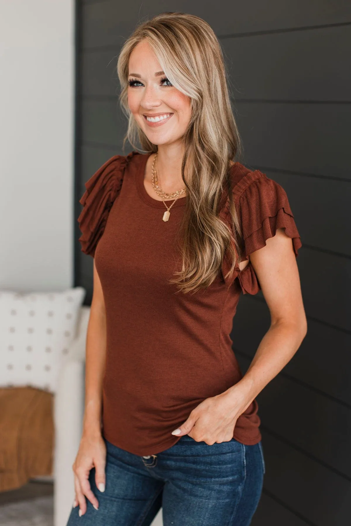 Truly A Treasure Ruffle Top- Red Brown