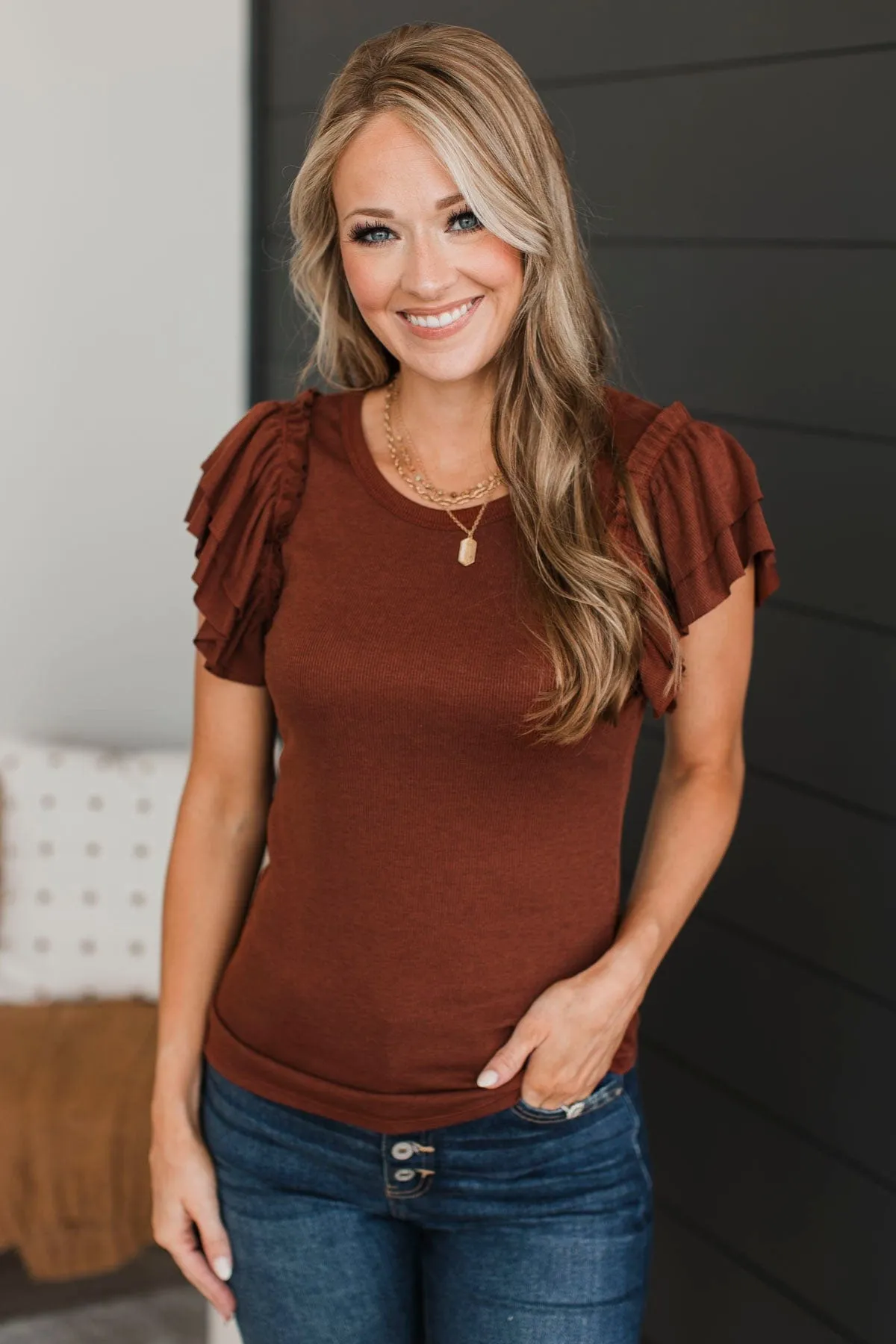 Truly A Treasure Ruffle Top- Red Brown